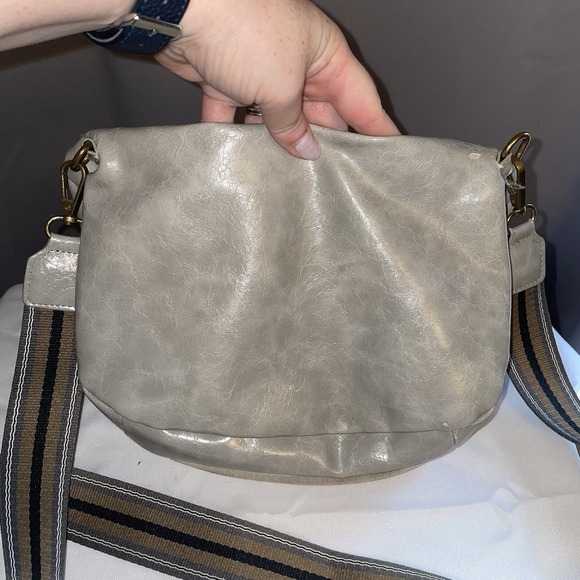 Anthropologie Vegan Leather Suede Crossbody Bag Purse Double Pouch Tan Gray - Picture 3 of 16